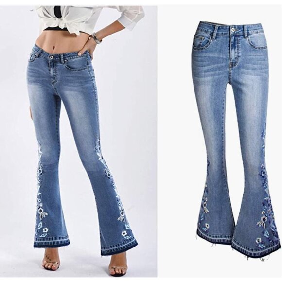 Blue Floral Embroidered Patch High Waisted Flare Bell Bottom Denim Jeans Y2K - Picture 5 of 9